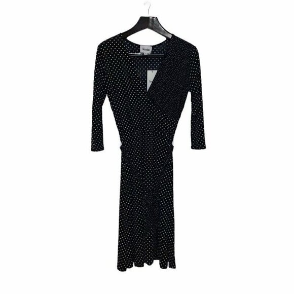 Leota Womens Perfect Wrap Dress Black White Polka Dot Belted Midi Medium New - Picture 1 of 8